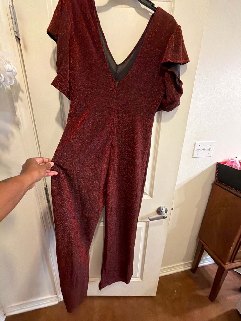 Plus Size V-Neck Flutter Sleeve Metallic Shimmer Jumpsuit - Picture 2 of 5